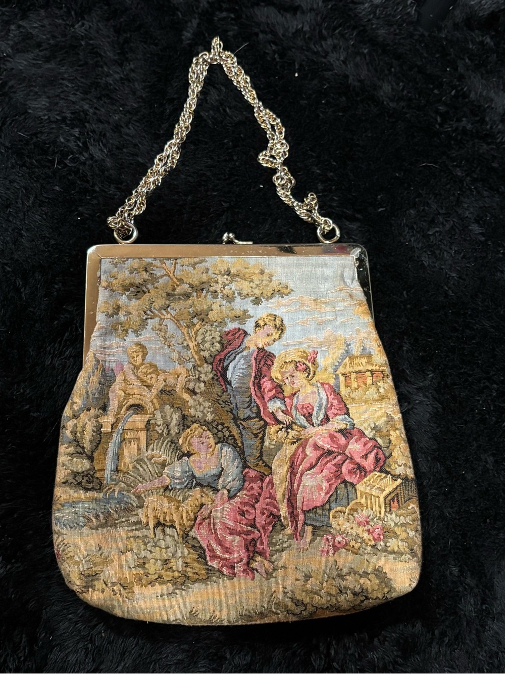 Vintage Tapestry Evening Clutch in Pink and Beige with Gold Chain